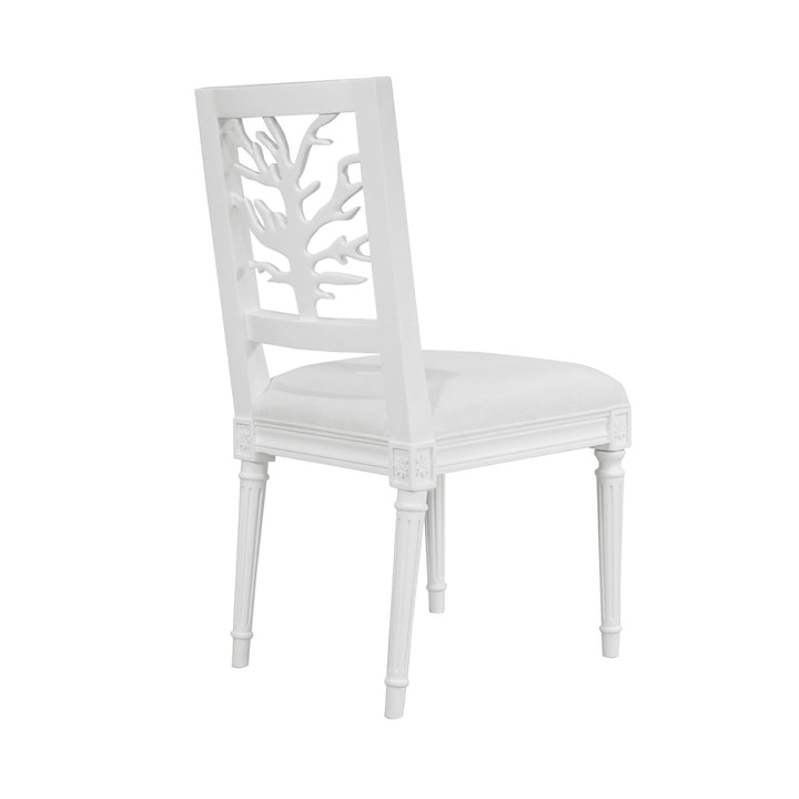 Mckay - Coral Motif Back Dining Chair With White Linen Seat In Matte White Lacquer