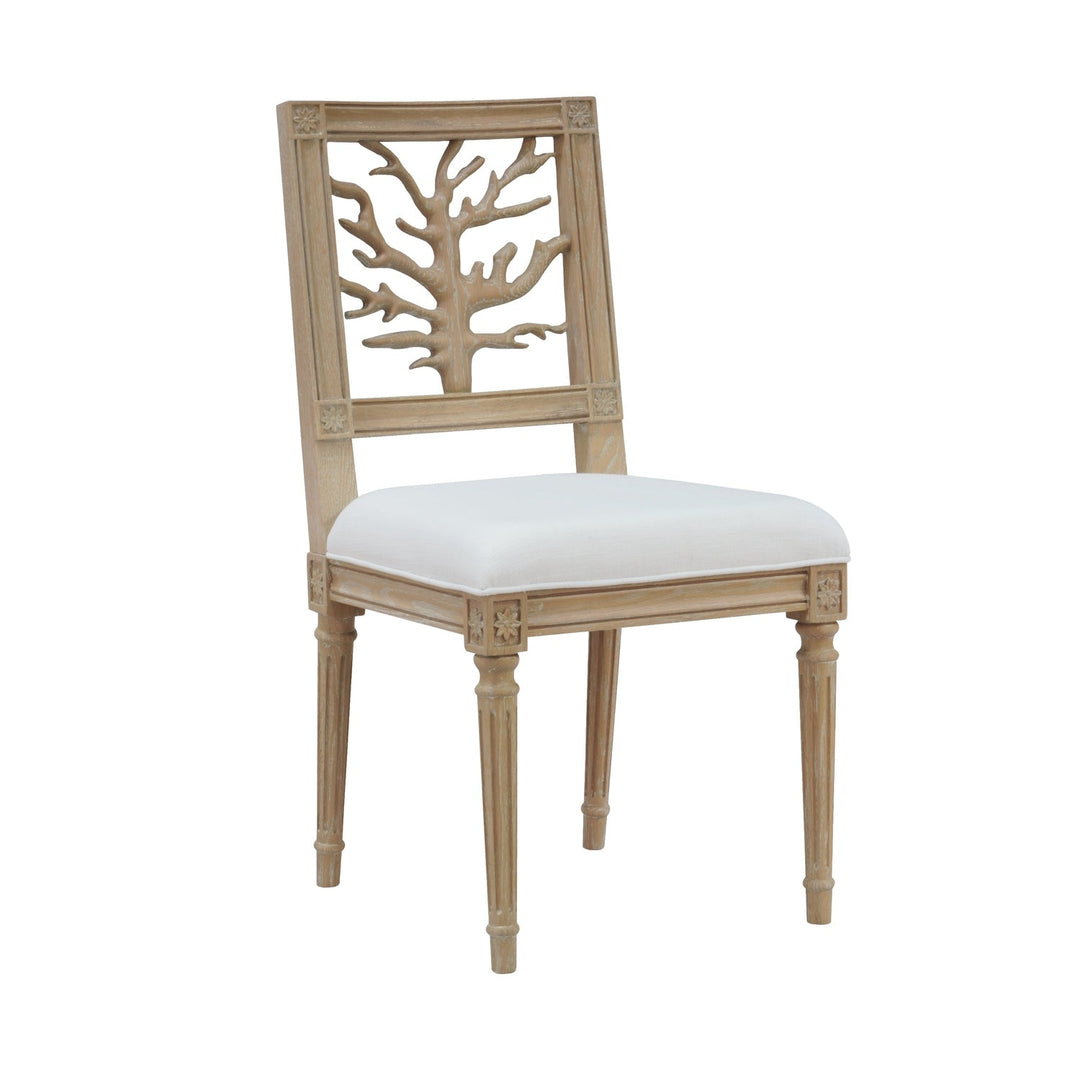 Mckay - Coral Motif Back Dining Chair With White Linen Seat In Cerused Oak