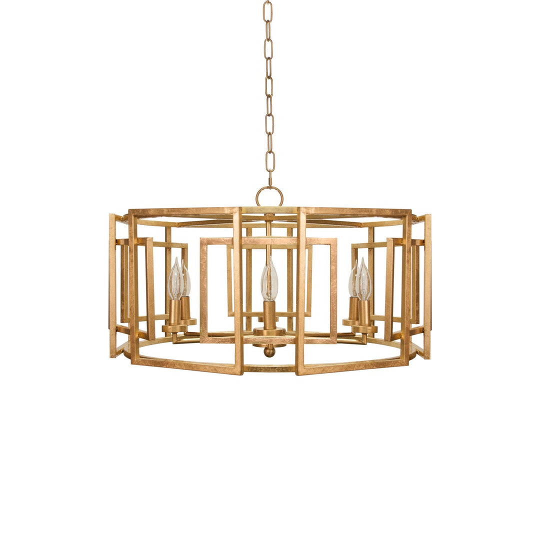 Mckenzie - Square Motif Drum Chandelier With 6 Arm Light Cluster In Gold Leaf