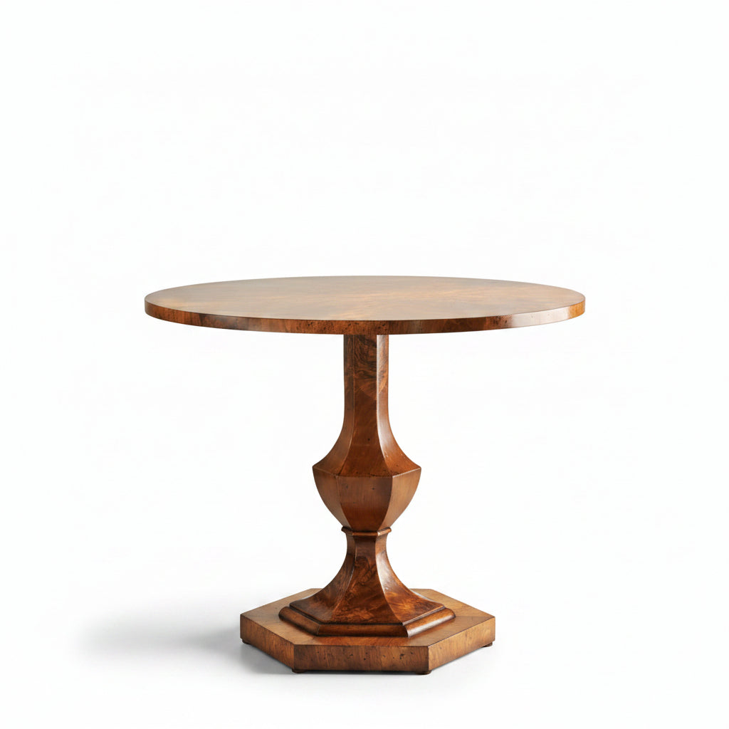Wooden pedestal table in a room with decorative columns and marble floor.