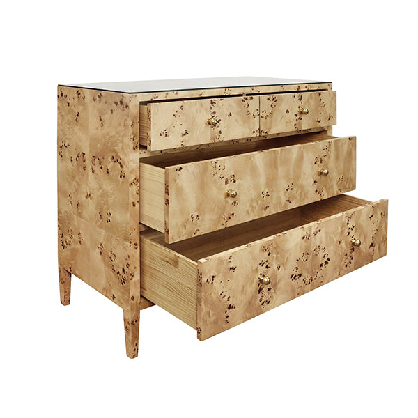 Cabinets & Curios Michelle Four Drawer Chest In Burl Wood With Glass Top