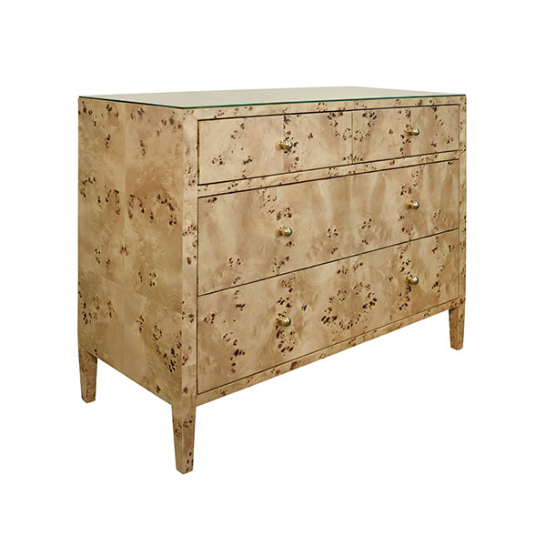 Michelle Four Drawer Chest In Burl Wood With Glass Top