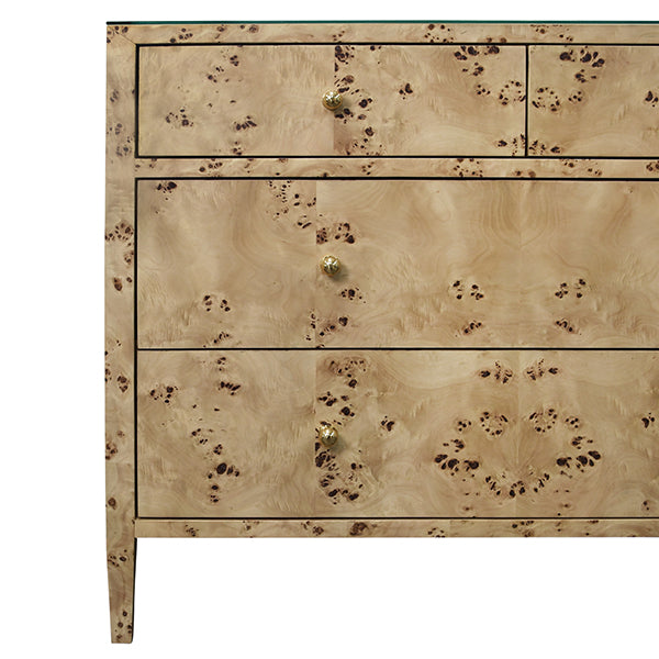 Michelle Four Drawer Chest In Burl Wood With Glass Top