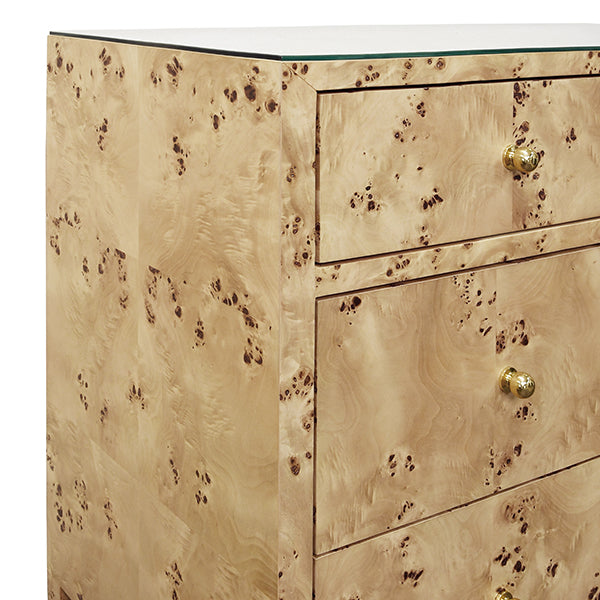 Michelle Four Drawer Chest In Burl Wood With Glass Top