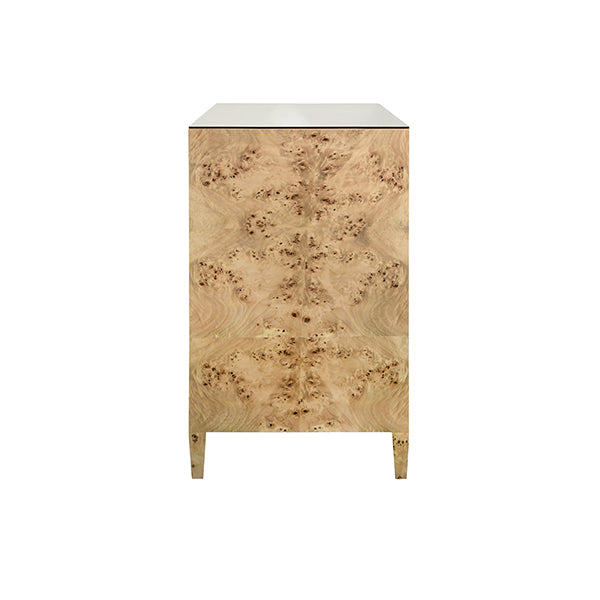 Michelle Four Drawer Chest In Burl Wood With Glass Top