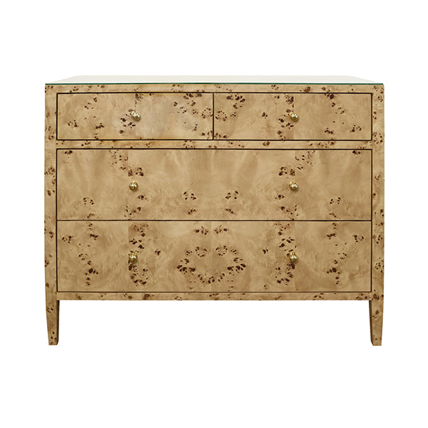 Cabinets & Curios Michelle Four Drawer Chest In Burl Wood With Glass Top