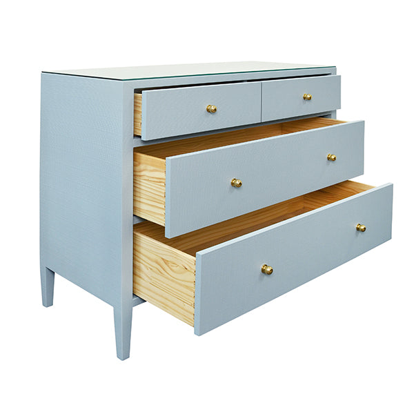 Cabinets & Curios Michelle Four Drawer Chest In Textured Light Blue Linen With Glass Top