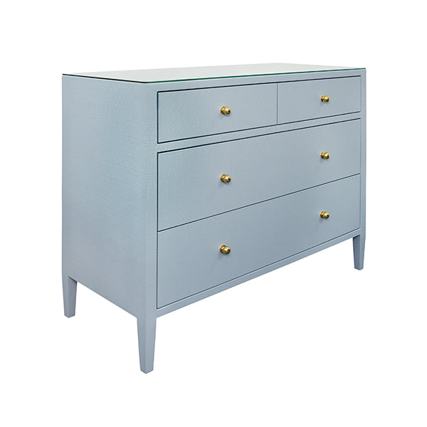 Cabinets & Curios Michelle Four Drawer Chest In Textured Light Blue Linen With Glass Top