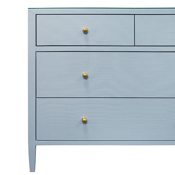 Cabinets & Curios Michelle Four Drawer Chest In Textured Light Blue Linen With Glass Top