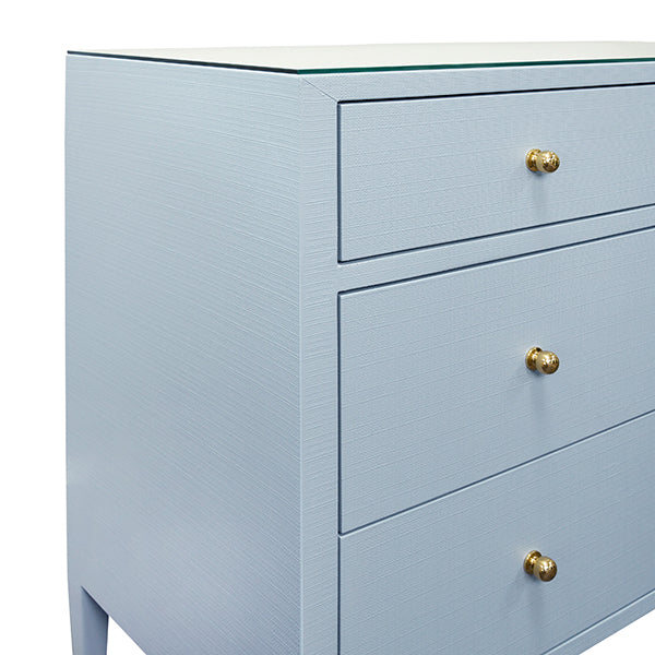 Michelle Four Drawer Chest In Textured Light Blue Linen With Glass Top