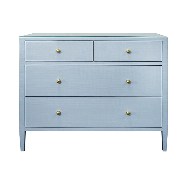 Cabinets & Curios Michelle Four Drawer Chest In Textured Light Blue Linen With Glass Top