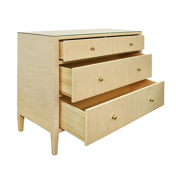 Cabinets & Curios Michelle Four Drawer Chest In Natural Grasscloth With Glass Top