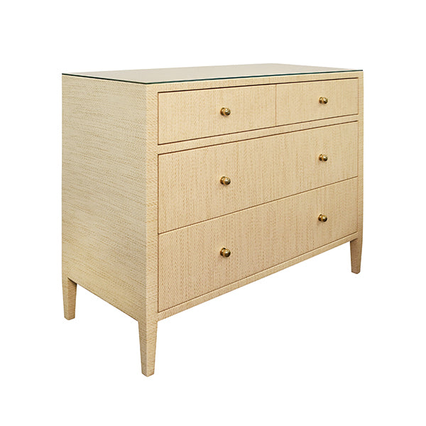 Cabinets & Curios Michelle Four Drawer Chest In Natural Grasscloth With Glass Top