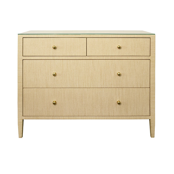 Cabinets & Curios Michelle Four Drawer Chest In Natural Grasscloth With Glass Top