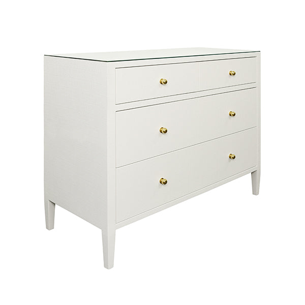Cabinets & Curios Michelle Four Drawer Chest In Textured White Linen With Glass Top