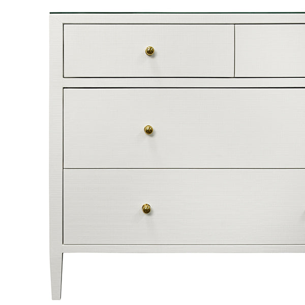 Cabinets & Curios Michelle Four Drawer Chest In Textured White Linen With Glass Top
