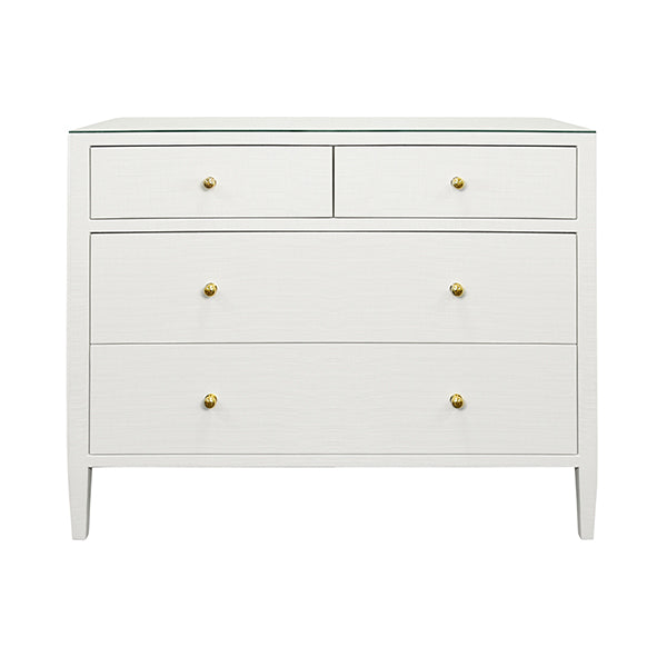 Cabinets & Curios Michelle Four Drawer Chest In Textured White Linen With Glass Top