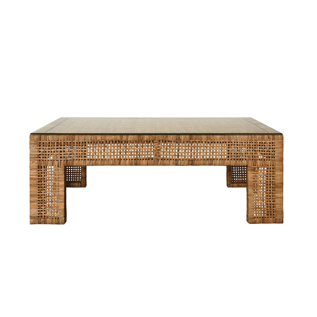 Montauk - Wide Leg Rectangular Rattan Coffee Table With Glass Top