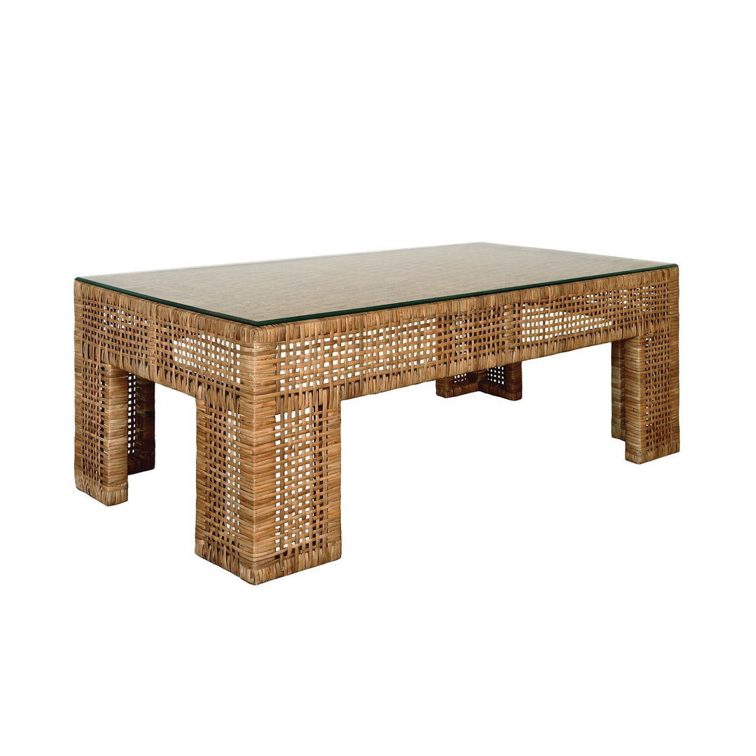 Montauk - Wide Leg Rectangular Rattan Coffee Table With Glass Top