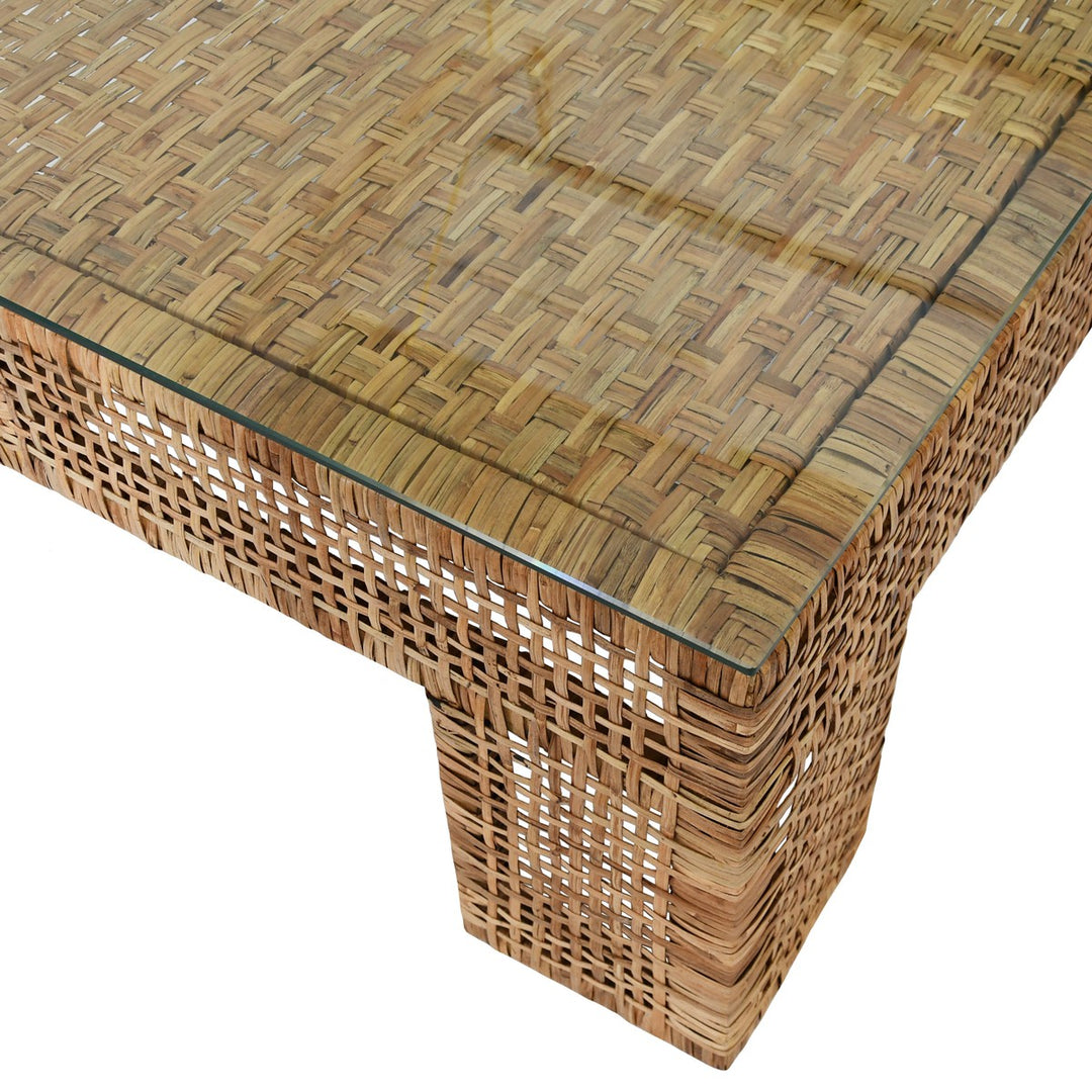 Montauk - Wide Leg Rectangular Rattan Coffee Table With Glass Top