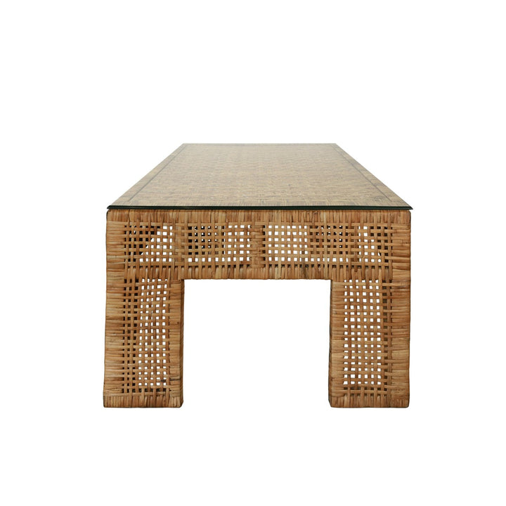 Montauk - Wide Leg Rectangular Rattan Coffee Table With Glass Top