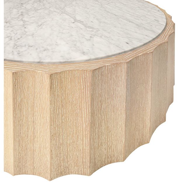 Coffee Tables Round Coffee Table With Fluted Detail In Cerused Oak With White Carrara Marble Top