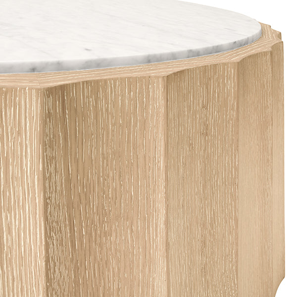 Coffee Tables Round Coffee Table With Fluted Detail In Cerused Oak With White Carrara Marble Top