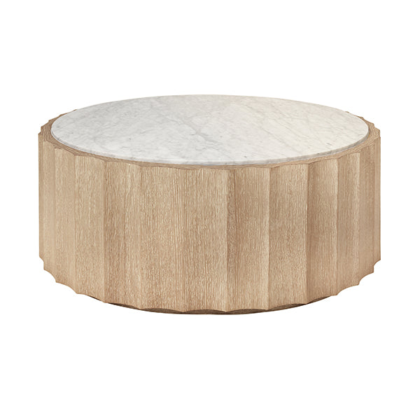 Coffee Tables Round Coffee Table With Fluted Detail In Cerused Oak With White Carrara Marble Top