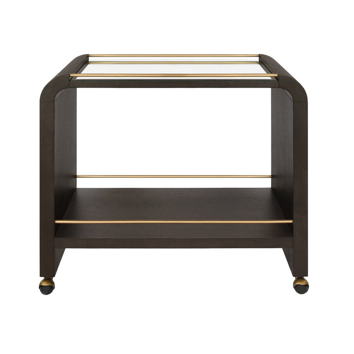 Myer - Waterfall Edge Bar Cart With Antique Brass Rails In Espresso Oak