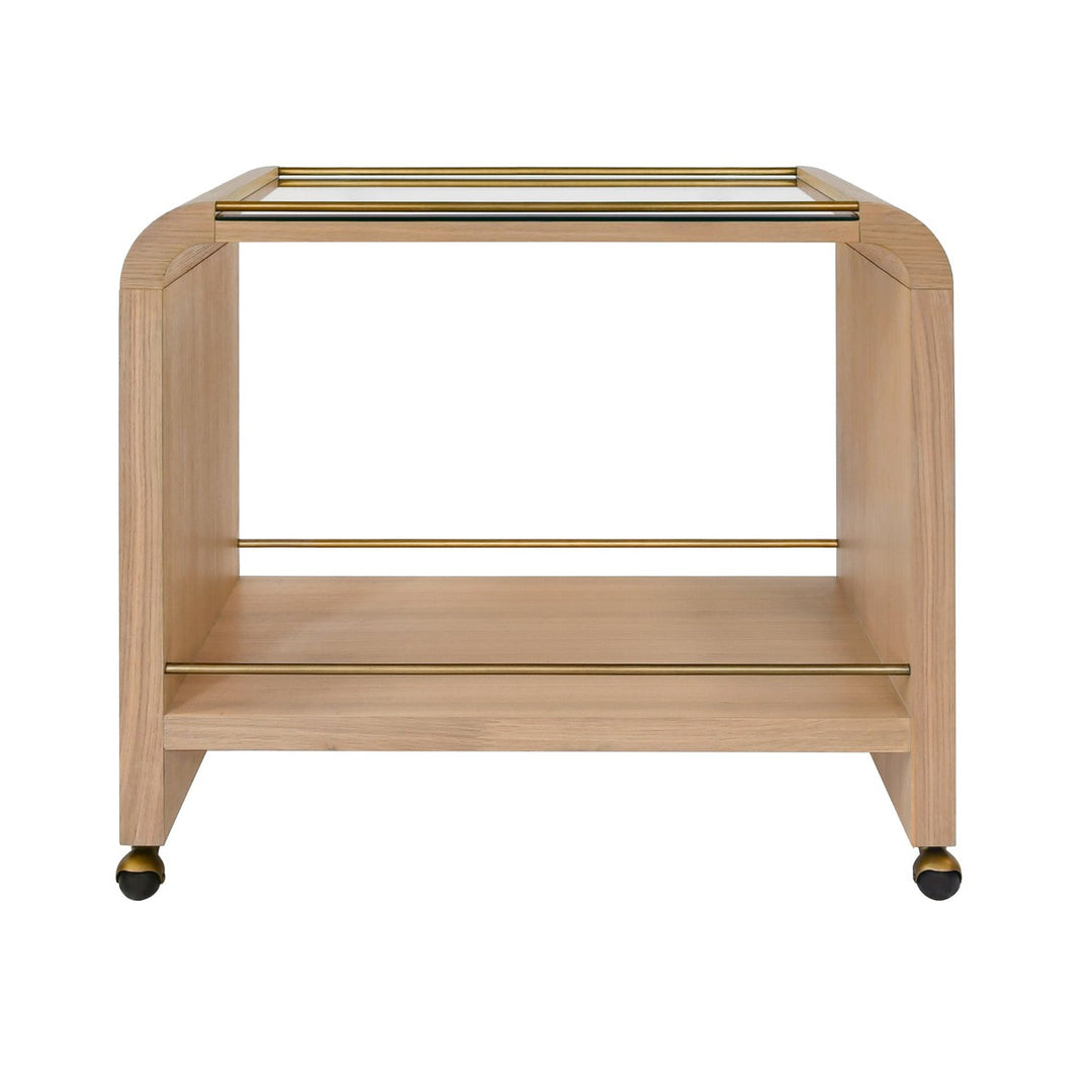 Myer - Waterfall Edge Bar Cart With Antique Brass Rails In Natural Oak