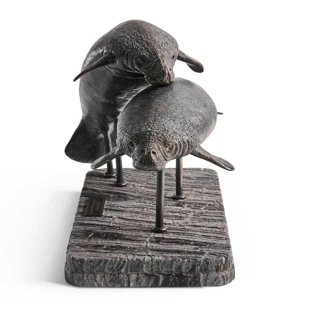 Decorative Objects Raised Manatee Bronze Statue with Marble Base