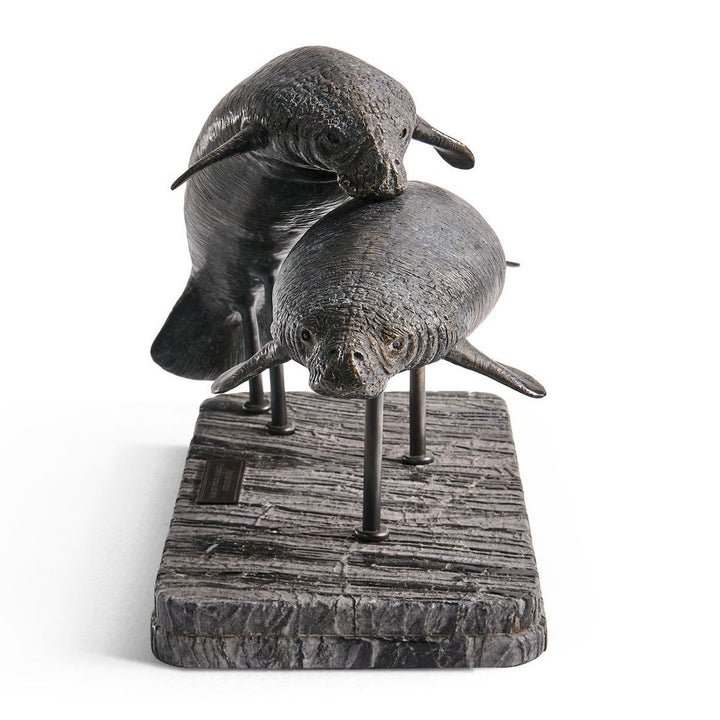 Decorative Objects Raised Manatee Bronze Statue with Marble Base