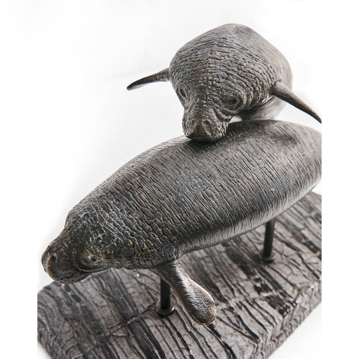 Decorative Objects Raised Manatee Bronze Statue with Marble Base