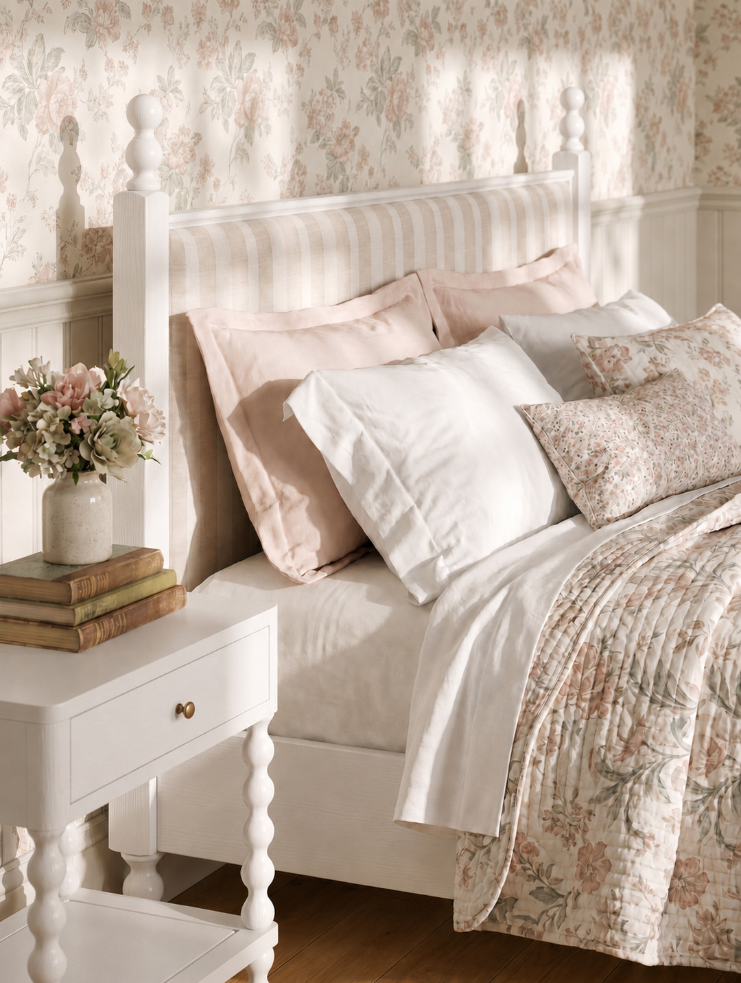 Haven Queen Upholstered Finial Bed - Warm White