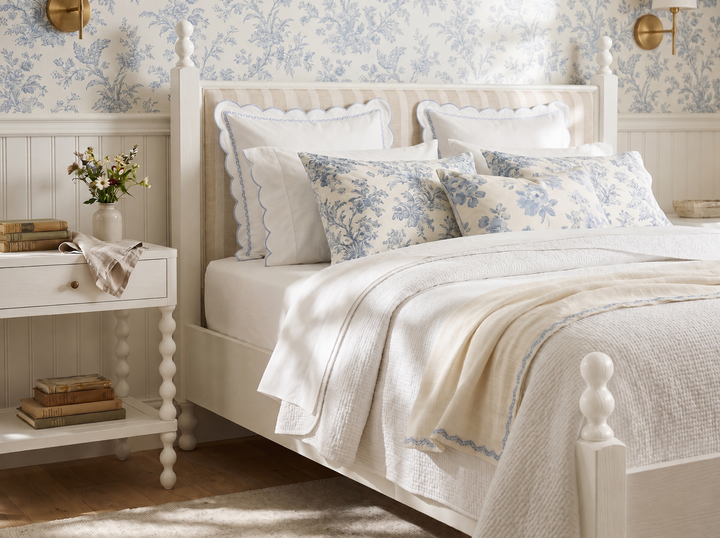 Haven Queen Upholstered Finial Bed - Warm White