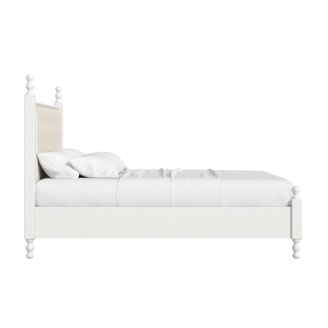 Haven Queen Upholstered Finial Bed - Warm White