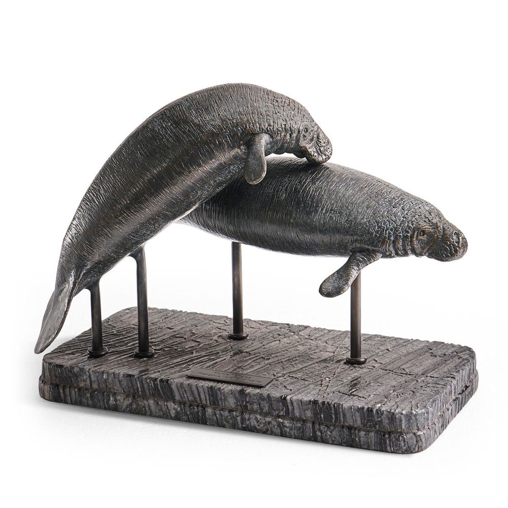 Decorative Objects Raised Manatee Bronze Statue with Marble Base