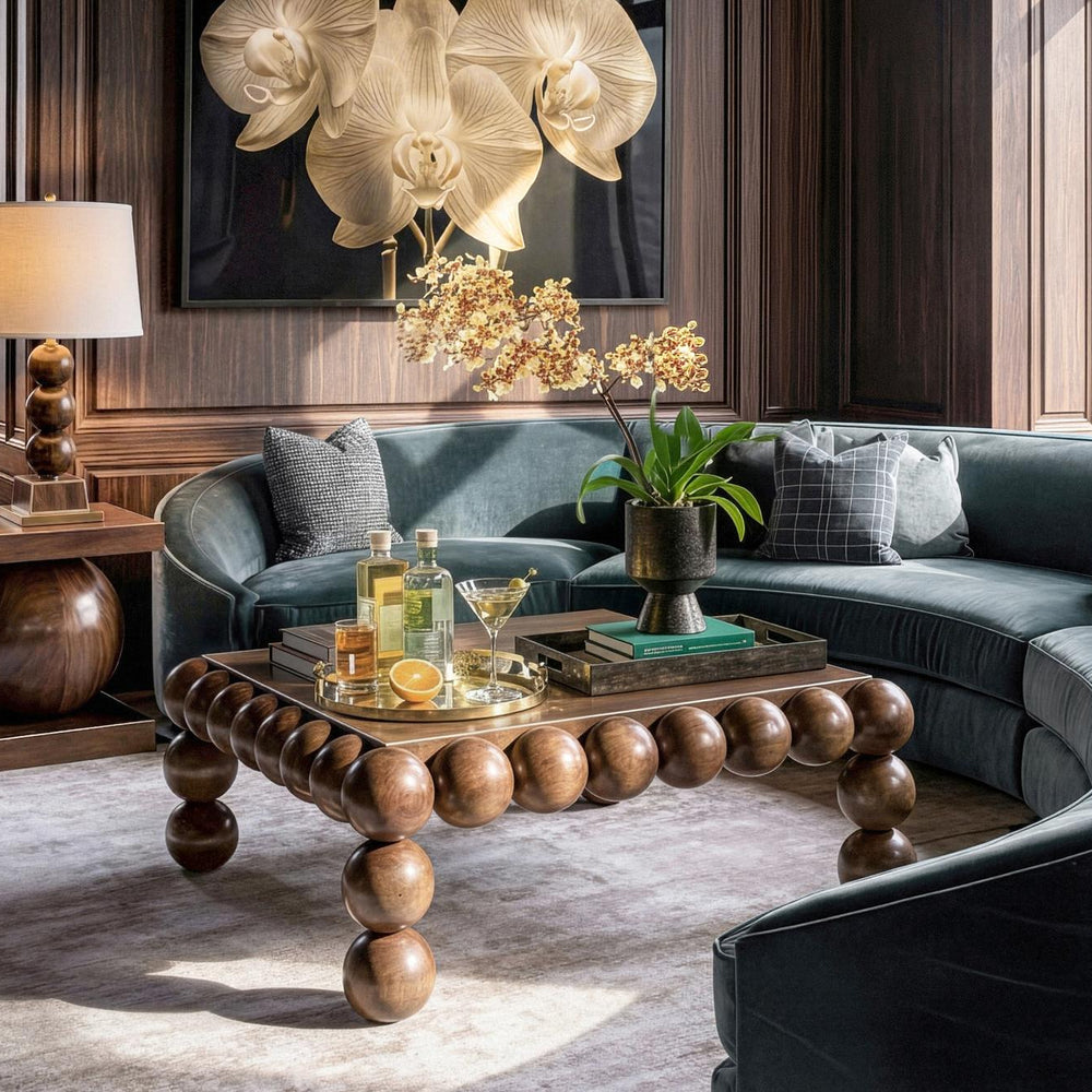 orb square coffee table in a living room with curved sectional