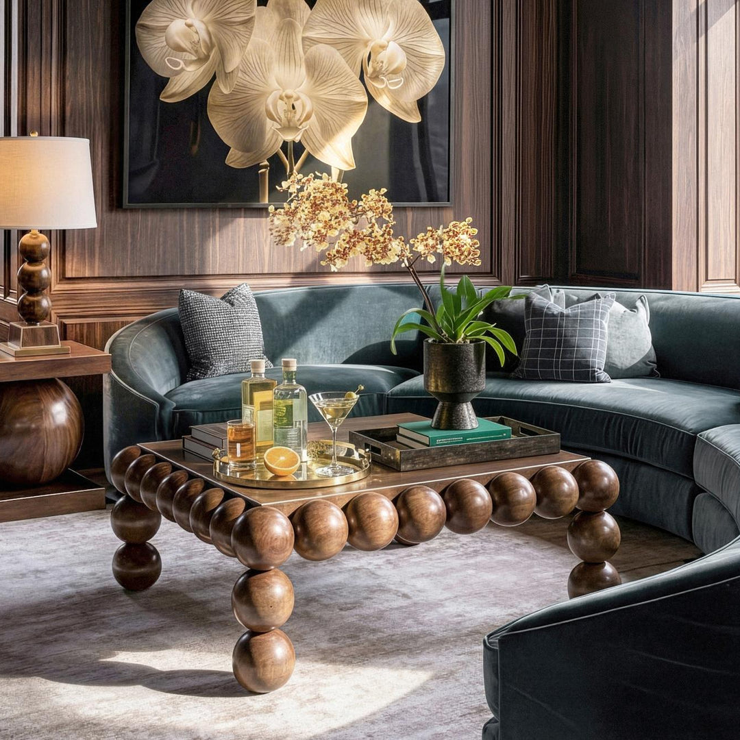 orb square coffee table in a living room with curved sectional