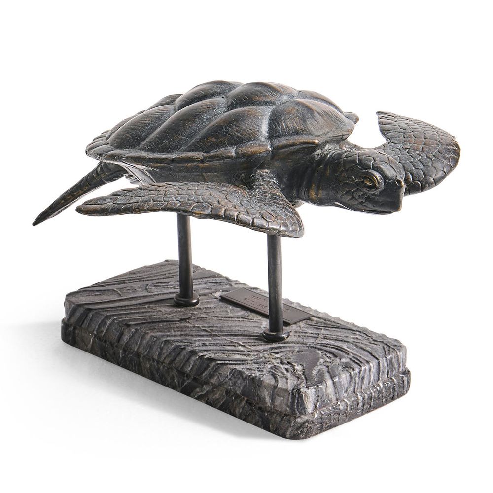 Decorative Objects Sea Tortoise Bronze Statue with Marble Base
