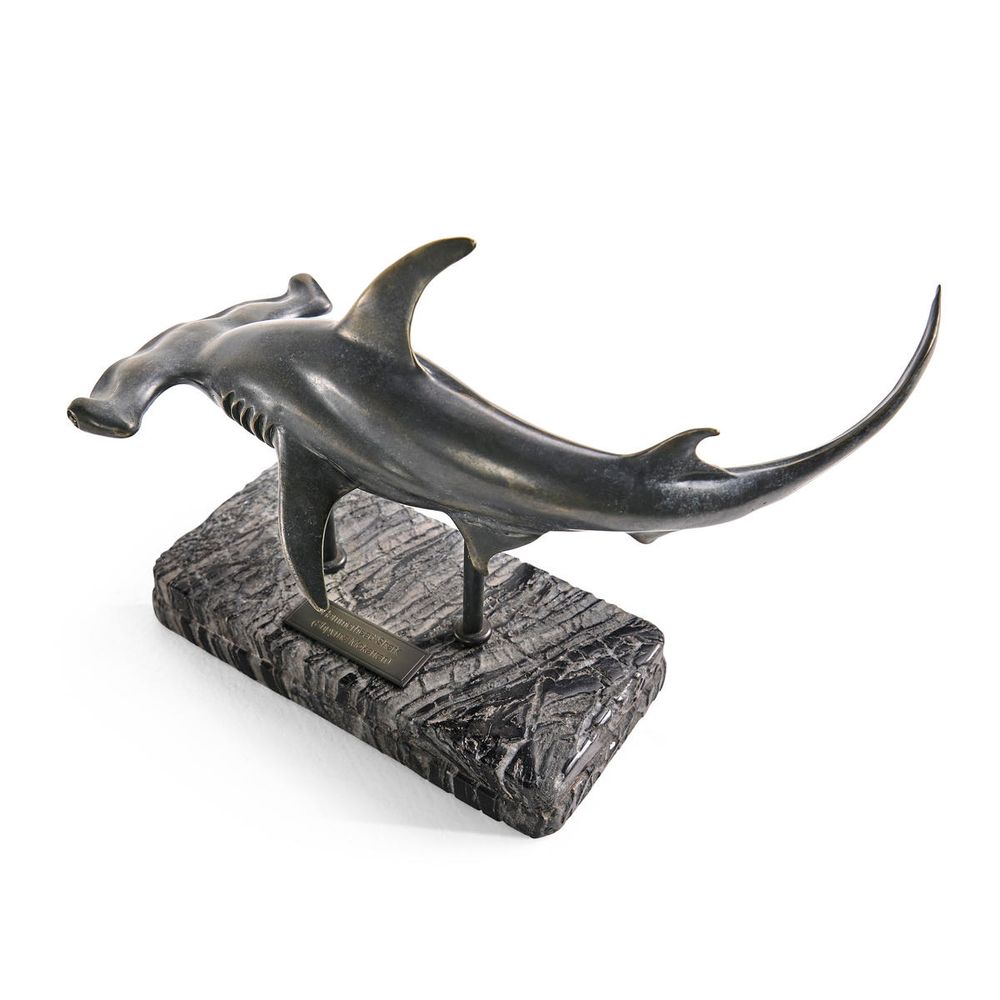 Decorative Objects Arc Hammerhead Shark Bronze Statue with Marble Base