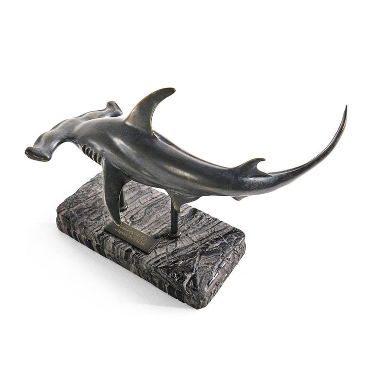 Decorative Objects Arc Hammerhead Shark Bronze Statue with Marble Base