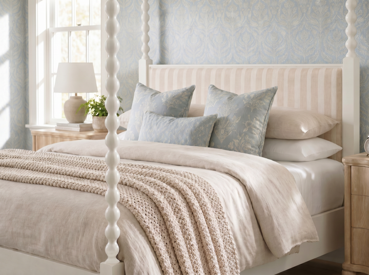 Haven Queen Upholstered Canopy Poster Bed