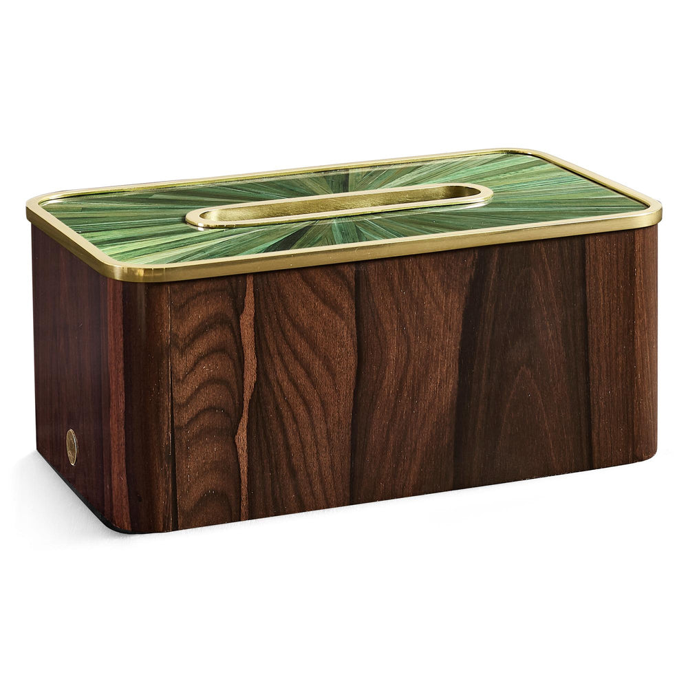 Additional view of Rectangular Tissue Box, featuring lacquered finish, wood veneer, metal, and a oval tissue aperture.