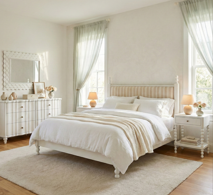 Haven Queen Upholstered Finial Bed - Warm White