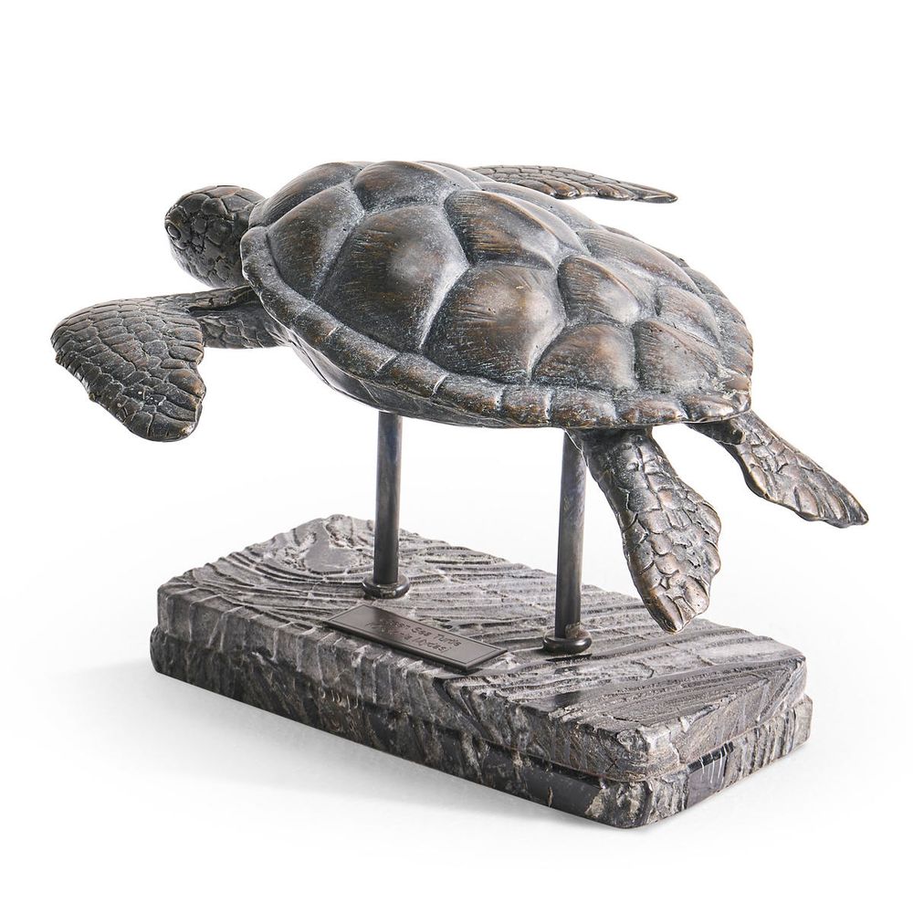 Decorative Objects Sea Tortoise Bronze Statue with Marble Base