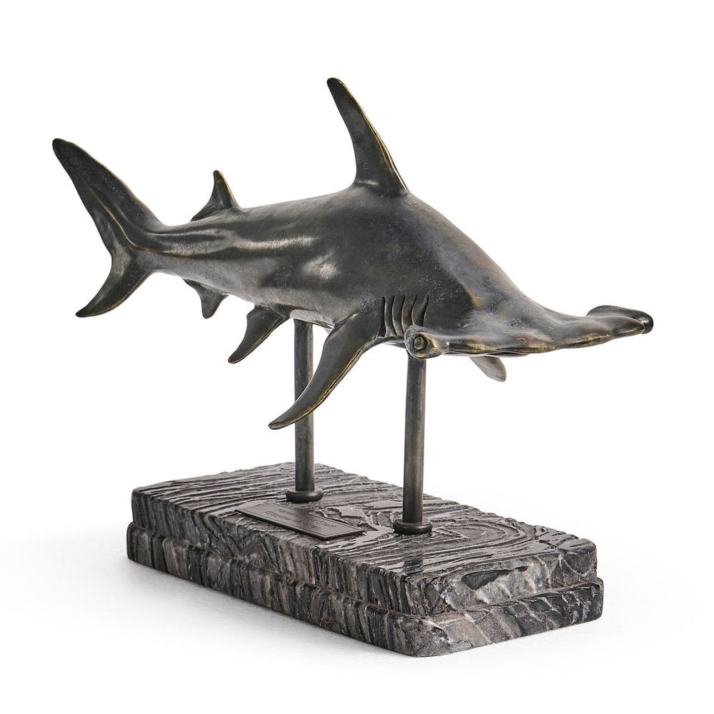 Decorative Objects Glide Hammerhead Shark Bronze Statue with Marble Base