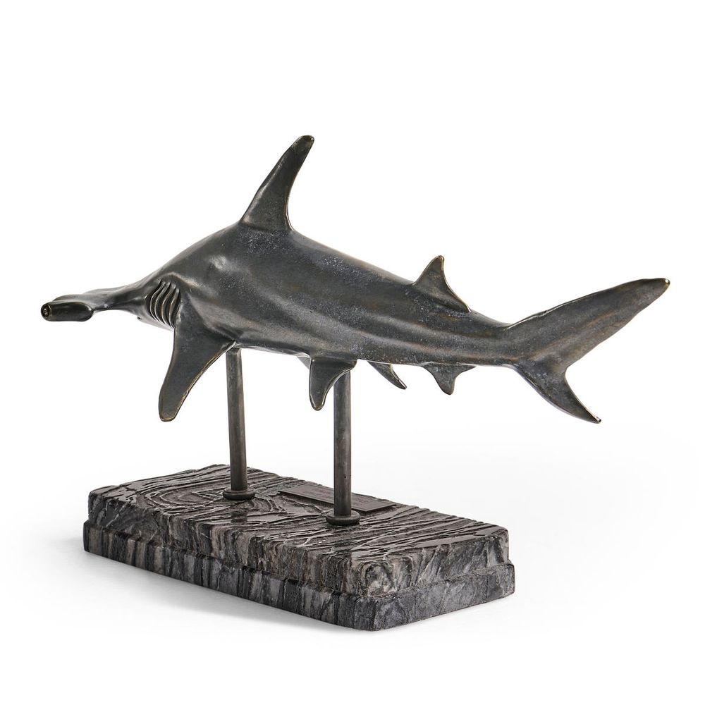Decorative Objects Glide Hammerhead Shark Bronze Statue with Marble Base