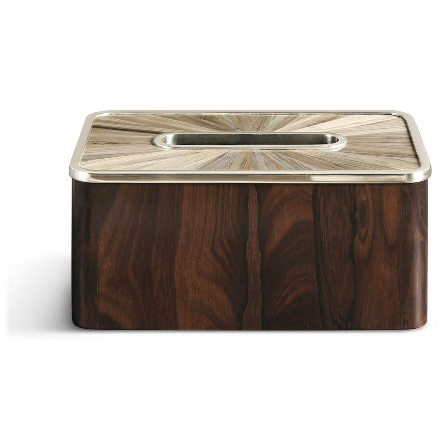 Alternate view of Terra Rectangular Tissue Box in dark brown and light beige.