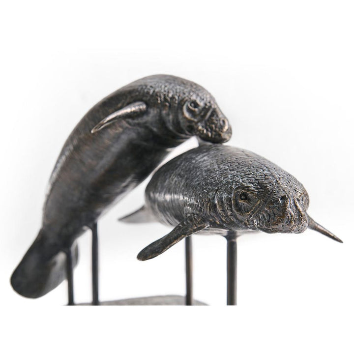 Raised Manatee Bronze Statue with Marble Base